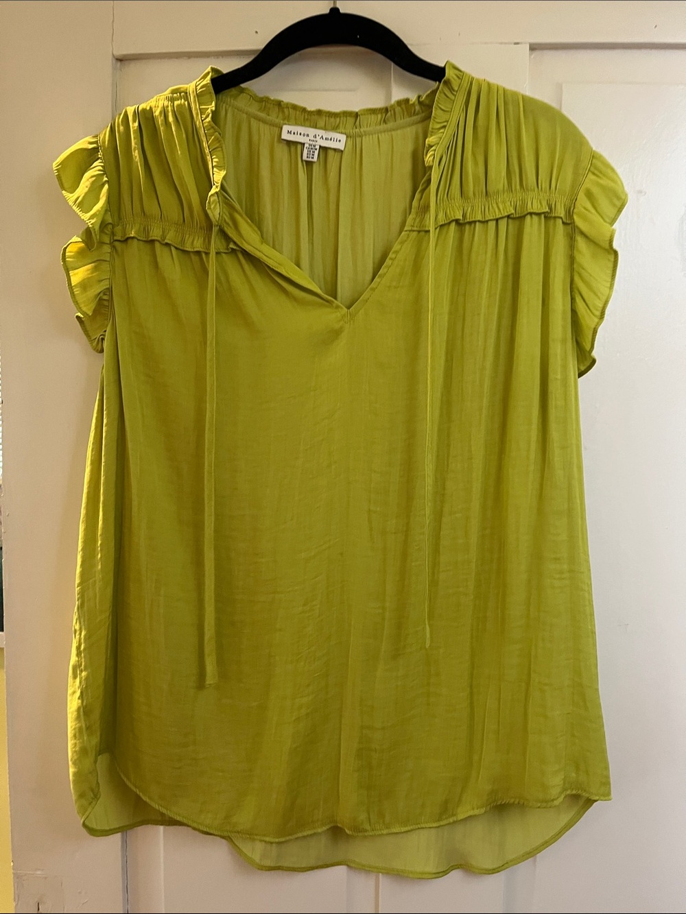 Mason & Main Lime Green Ruffle Cap Sleeve V-Neck Blouse
